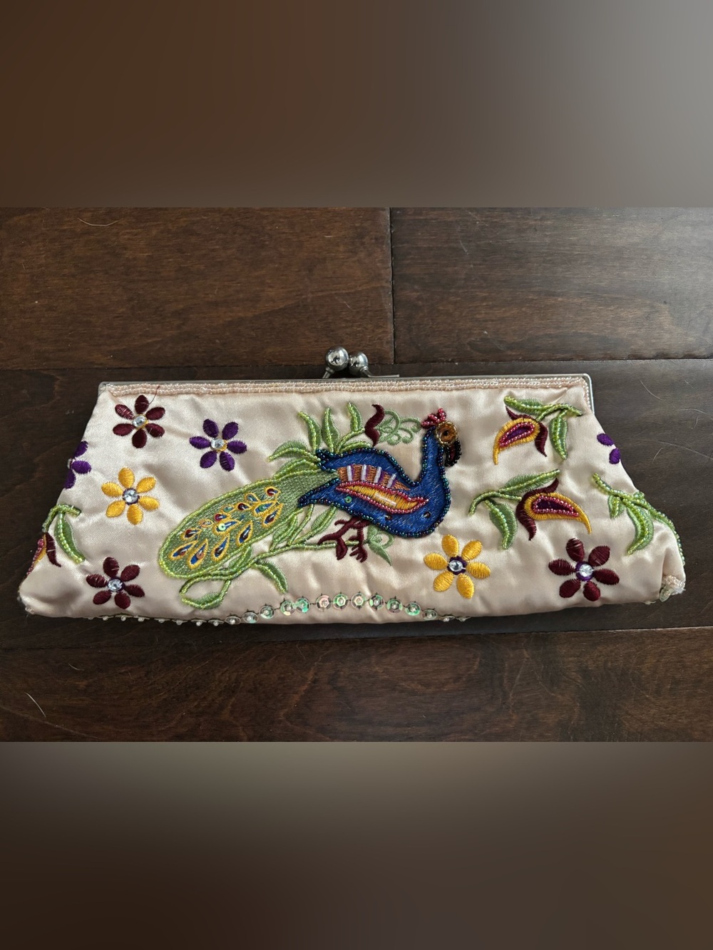 Chateau Vintage-Style Beaded & Embroidered Peacock Satin Kiss-Lock Clutch